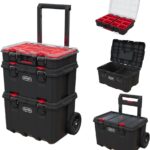 Keter Stack-n-Roll Modular Tools Organizer for Garage Storage and DIY, 3 Piece Resin Rolling Tool Box System for Small Parts, Black