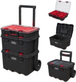 Keter Stack-n-Roll Modular Tools Organizer for Garage Storage and DIY, 3 Piece Resin Rolling Tool Box System for Small Parts, Black