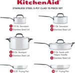 KitchenAid 5-Ply Clad Stainless Steel Cookware Induction Pots and Pans Set, 10-Piece, Polished Stainless Steel - Image 2