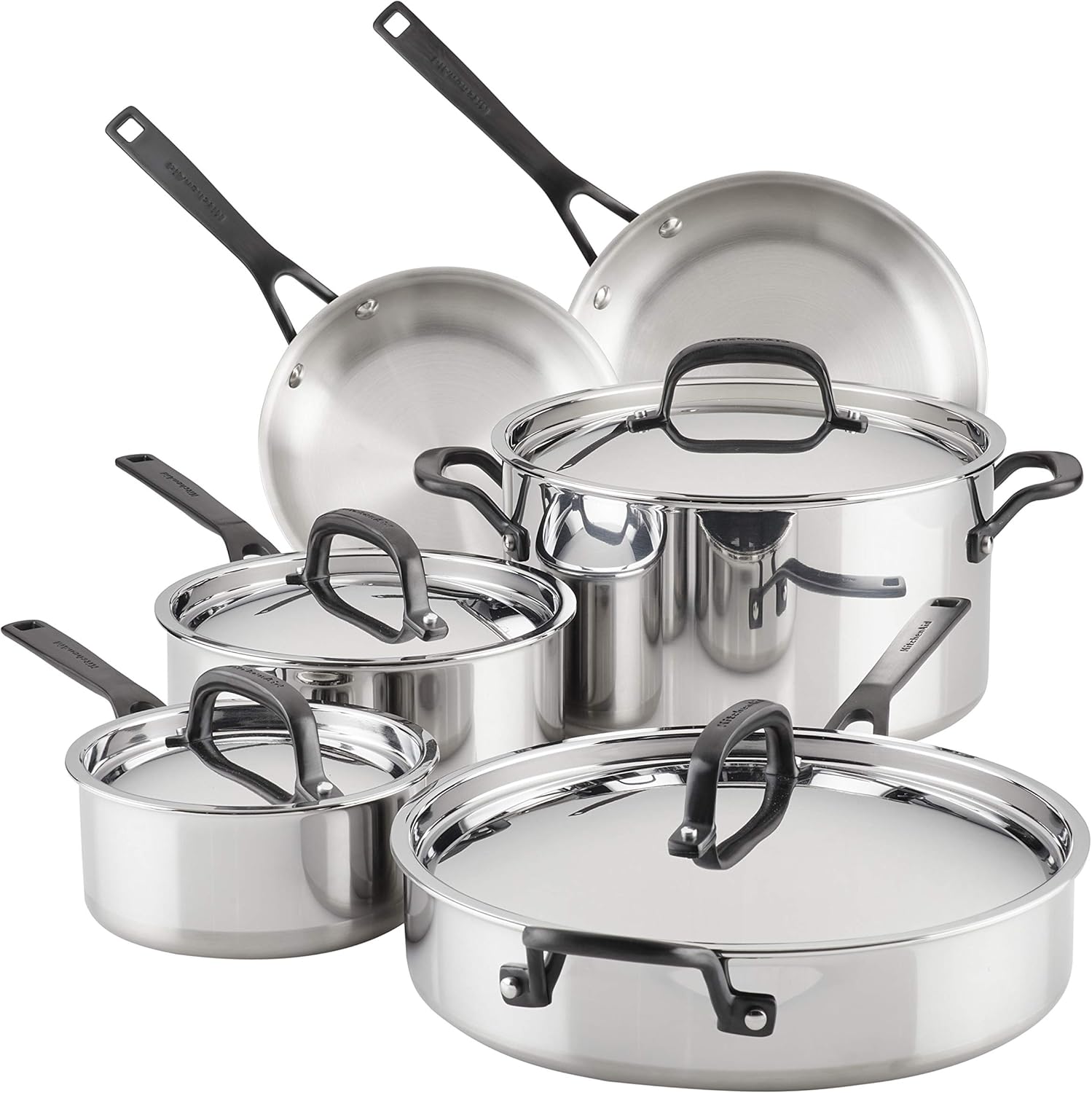 KitchenAid-5-Ply-Clad-Stainless-Steel-Cookware-Induction-Pots-and-Pans.jpg KitchenAid 5-Ply Clad Stainless Steel Cookware Induction Pots and Pans Set, 10-Piece, Polished Stainless Steel - Image 1
