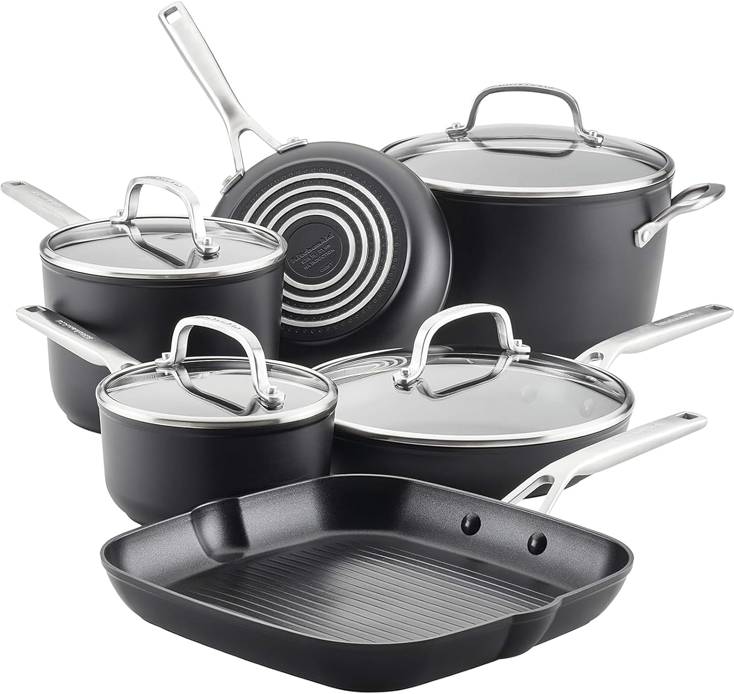 KitchenAid-Hard-Anodized-Induction-Nonstick-Cookware-Pots-and-Pans-Set-10-Piece.jpg KitchenAid Hard-Anodized Induction Nonstick Cookware Pots and Pans Set, 10-Piece, Matte Black - Image 1