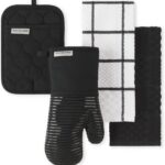 KitchenAid Quilted Cotton Terry Cloth Oven Mitt, Pot Holder, Kitchen Towel 4-Pack Set, Heat Resistant, Silicone Grip, Gift Set, Matte Black, 16"x26", 7"x13" & 7"x10"
