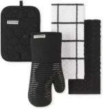 KitchenAid Quilted Cotton Terry Cloth Oven Mitt, Pot Holder, Kitchen Towel 4-Pack Set, Heat Resistant, Silicone Grip, Gift Set, Matte Black, 16"x26", 7"x13" & 7"x10"