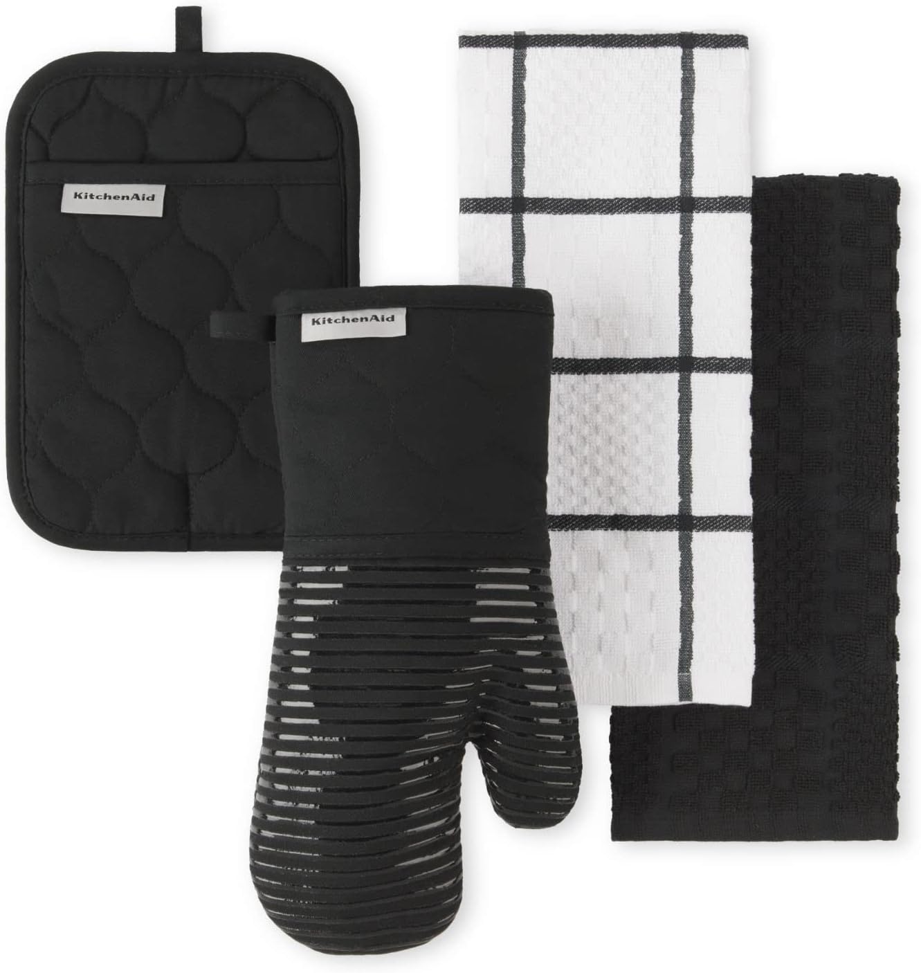 KitchenAid-Quilted-Cotton-Terry-Cloth-Oven-Mitt-Pot-Holder-Kitchen.jpg KitchenAid Quilted Cotton Terry Cloth Oven Mitt, Pot Holder, Kitchen Towel 4-Pack Set, Heat Resistant, Silicone Grip, Gift Set, Matte Black, 16"x26", 7"x13" & 7"x10" - Image 1