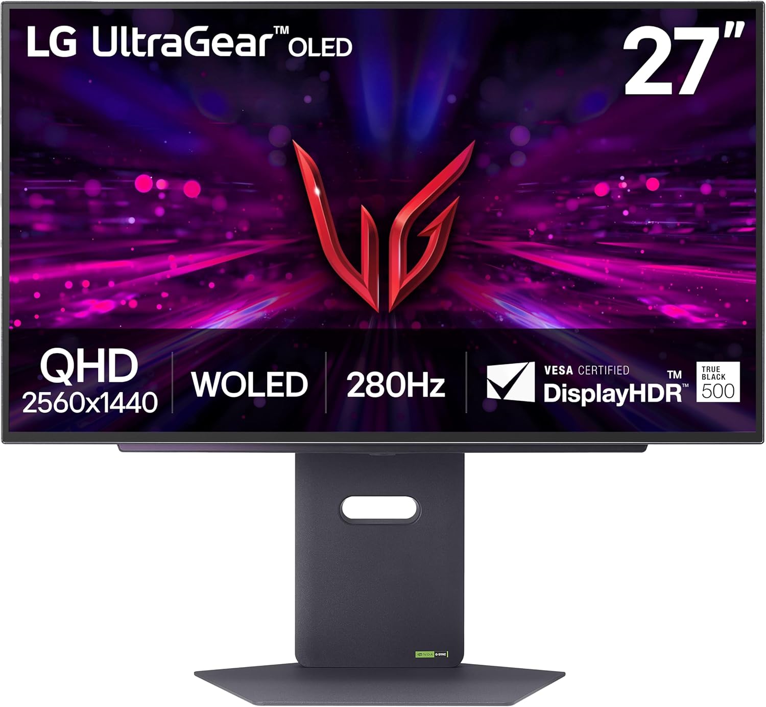 LG-27GX700A-B-27-inch-Ultragear-QHD-2560-x-1440-OLED-Gaming.jpg LG 27GX700A-B 27-inch Ultragear QHD (2560 x 1440) OLED Gaming Monitor, 280Hz, 0.03ms, NVIDIA G-Sync, AMD FreeSync Premium Pro, VESA DisplayHDR TrueBlack500, with up to DCI-P3 99.5%, HDMI 2.1, Black - Image 1