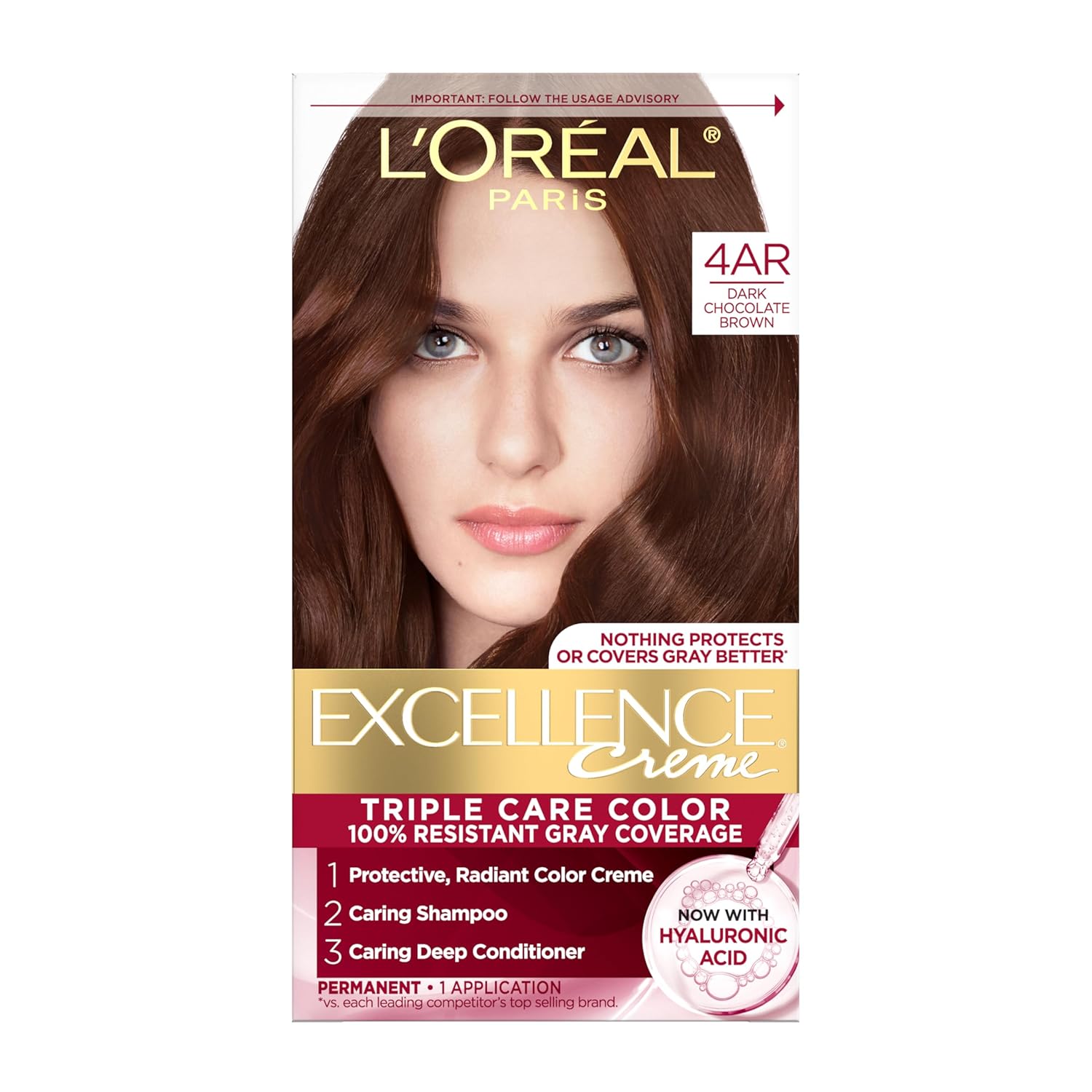 LOreal-Paris-Excellence-Creme-Permanent-Hair-Dye-Triple-Care-Hair.jpg L'Oreal Paris Excellence Crème Permanent Hair Dye, Triple Care Hair Color with Hyaluronic Acid for 100% Gray Coverage, 4AR Dark Chocolate Brown, 1 Kit (Packaging May Vary) - Image 1