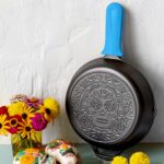 Lodge 10.25 Inch Pre-Seasoned Cast Iron Stamped Skillet Electric Blue Silicone Hot Handle Holder - Reusable Heat Protection Up to 500° - Sugar Skull - Image 2