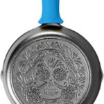 Lodge 10.25 Inch Pre-Seasoned Cast Iron Stamped Skillet Electric Blue Silicone Hot Handle Holder - Reusable Heat Protection Up to 500° - Sugar Skull