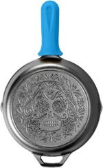 Lodge 10.25 Inch Pre-Seasoned Cast Iron Stamped Skillet Electric Blue Silicone Hot Handle Holder - Reusable Heat Protection Up to 500° - Sugar Skull