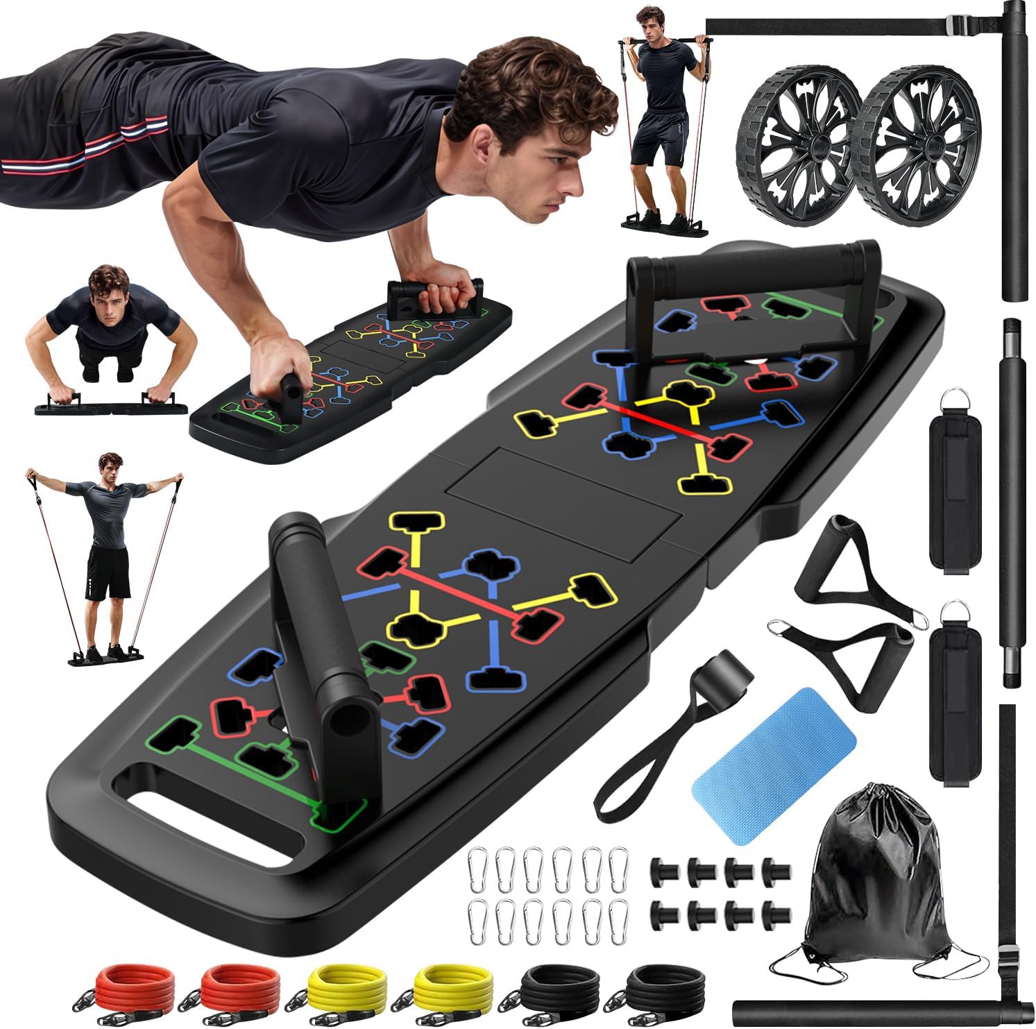 MQRW-Push-Up-BoardHome-GymPortable-Exercise-EquipmentPilates-Bar-and-20.jpg MQRW Push Up Board,Home Gym,Portable Exercise Equipment,Pilates Bar and 20 Fitness Accessories with Resistance Bands and Ab Roller Wheel,Full Body Workout at Home - Image 1
