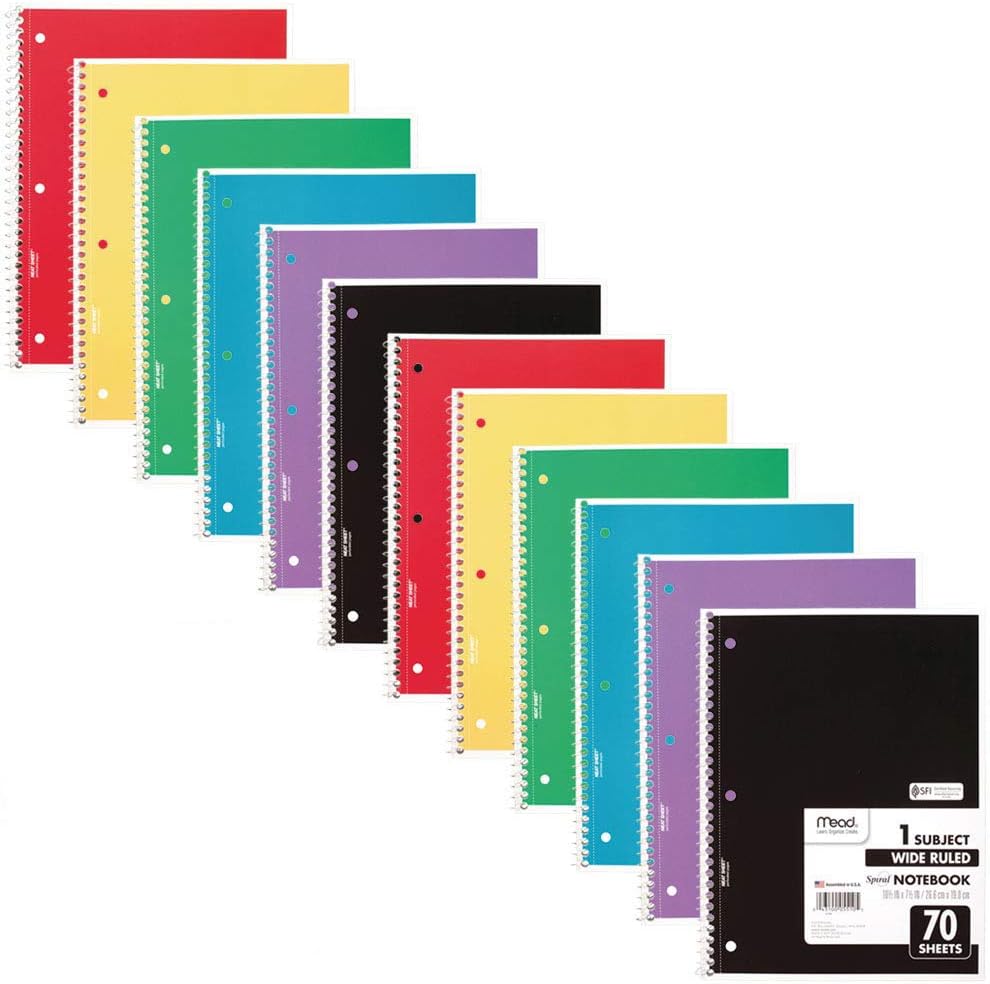 Mead-Spiral-Notebook-12-Pack-1-Subject-Wide-Ruled-Paper.jpg Mead Spiral Notebook, 12 Pack, 1 Subject, Wide Ruled Paper, 7-1/2" x 10-1/2", 70 Sheets per Notebook, Colors Will Vary (930202-ECM25) - Image 1
