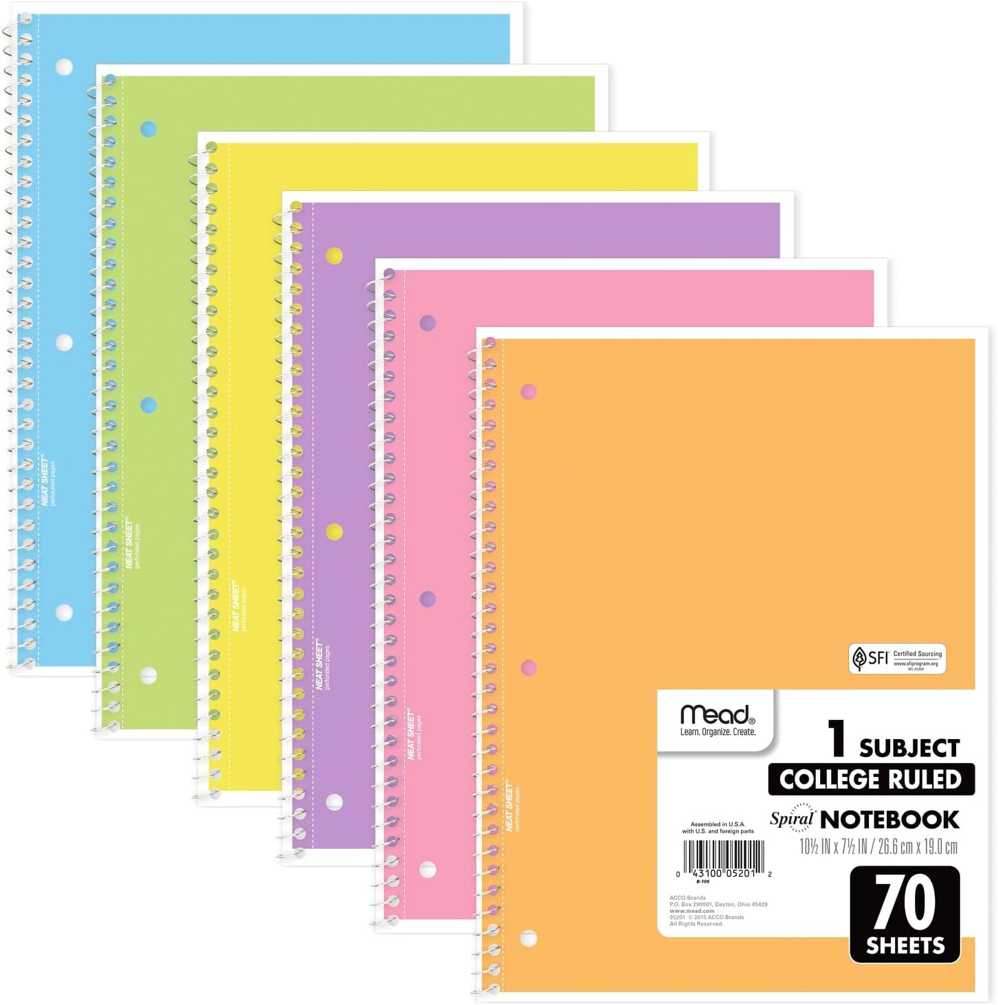 Mead-Spiral-Notebook-6-Pack-1-Subject-College-Ruled-Paper.jpg Mead Spiral Notebook, 6 Pack, 1 Subject, College Ruled Paper, 7-1/2" x 10-1/2", 70 Sheets per Notebook, Assorted Pastel Colors (830049) - Image 1