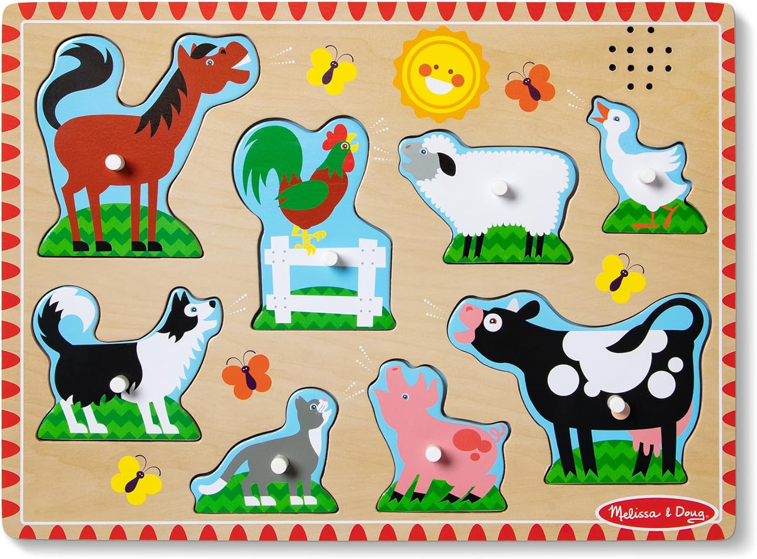 Melissa-Doug-Farm-Animals-Sound-Puzzle-–-8-Piece-Wooden.jpg Melissa & Doug Farm Animals Sound Puzzle – 8-Piece Wooden Peg Puzzle with Light-Activated Sounds, Music Learning Toy for Toddlers and Preschoolers Ages 2+ - Image 1