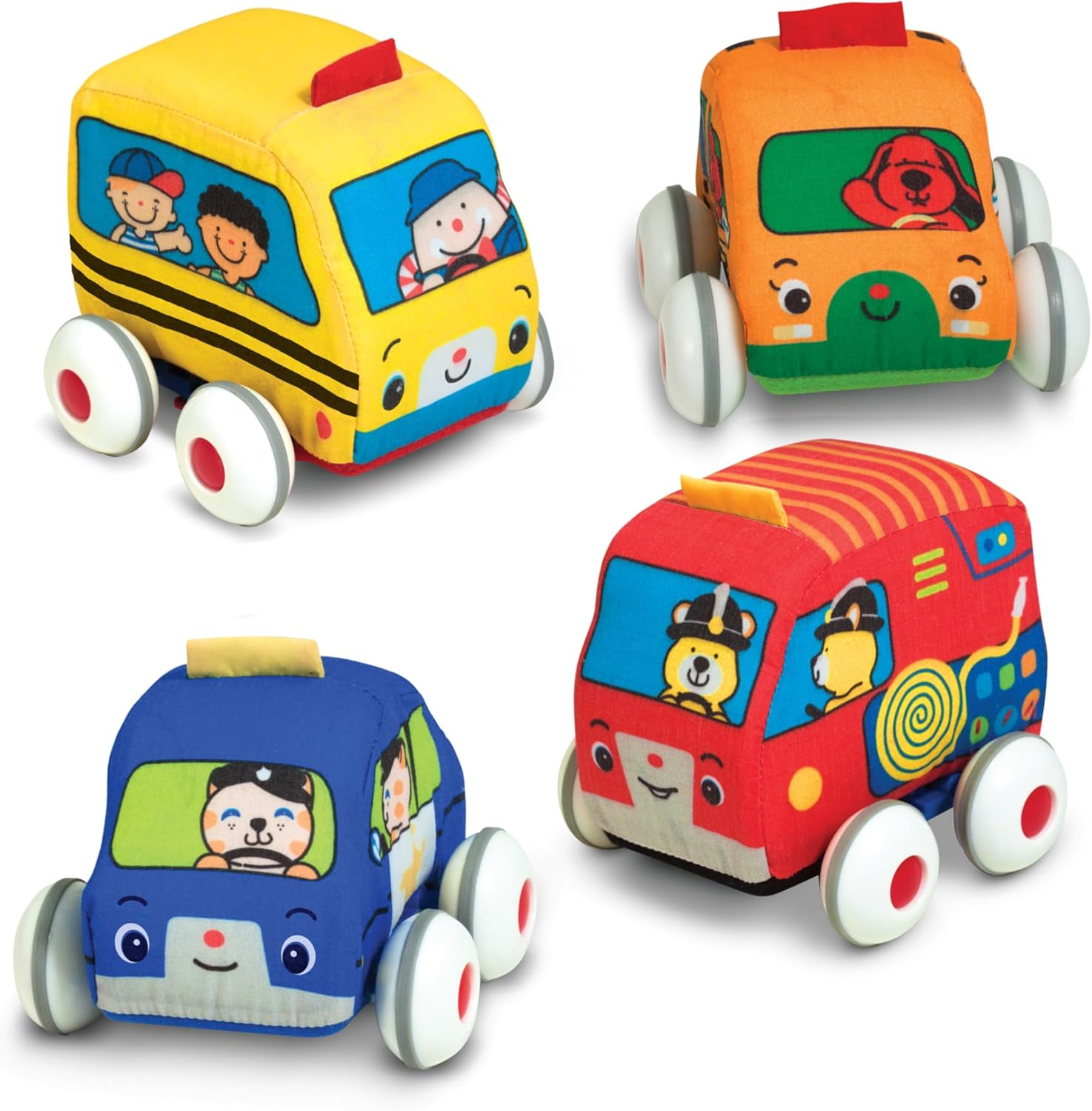 Melissa-Doug-Ks-Kids-Pull-Back-Town-Vehicle-Set.jpg Melissa & Doug K's Kids Pull-Back Town Vehicle Set - Baby Toys Set with 4 Soft Toy Cars and Trucks, Surface Washable with Removable Wheels, Learning Toys for Babies and Toddlers - Image 1