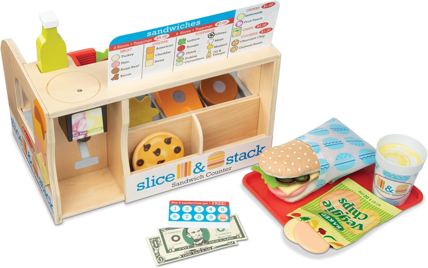 Melissa-Doug-Slice-Stack-Serve-Wooden-Sandwich-Counter-Pretend-Play-Store.jpg Melissa & Doug Slice-Stack-Serve, Wooden Sandwich Counter Pretend Play Store with Play Food Toys, Play Money & Deli Slicer, Preschool Toys for Kids 3+ - Image 1