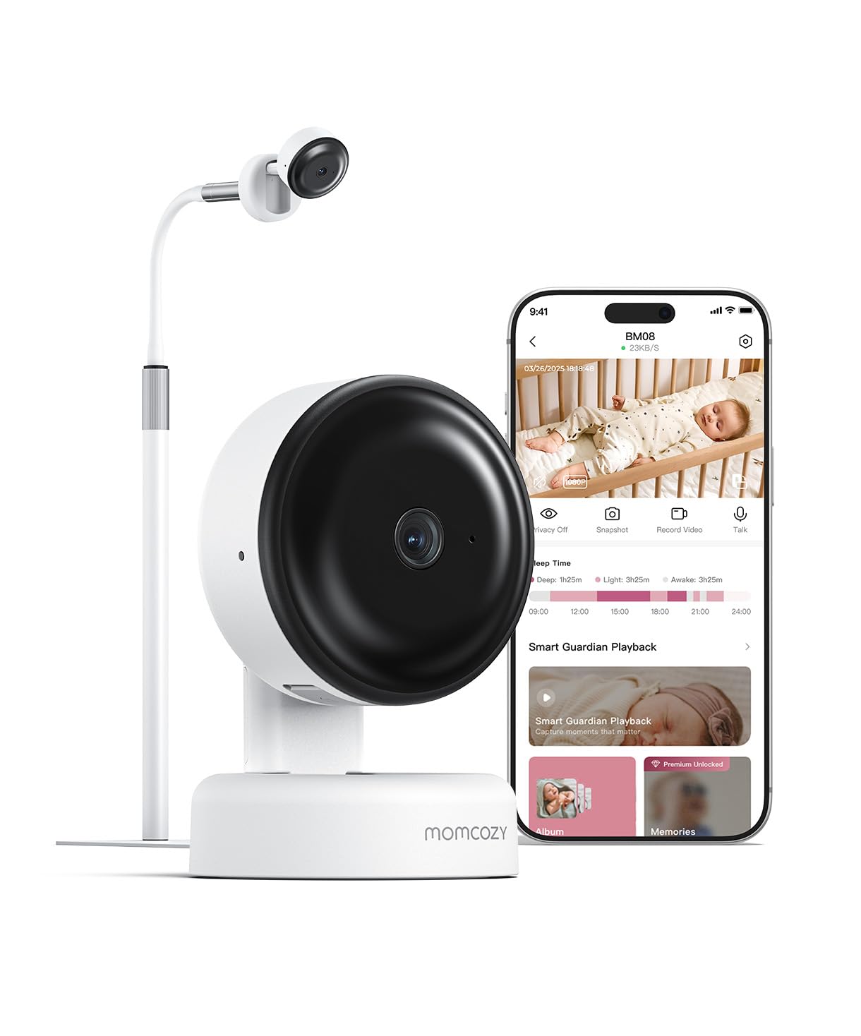 Momcozy-Smart-Baby-Monitor-2K-HD-Contact-Free-Baby-Camera.jpg Momcozy Smart Baby Monitor, 2K HD Contact-Free Baby Camera | Smart Notifications for Cry/Sound/Motion, Sleep Activity Log, 2-Way Audio, Night Vision, Table&Floor Stand,2.4/5GHz Wifi,BM08 - Image 1