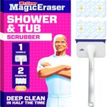 Mr. Clean Magic Eraser Shower & Tub Scrubber, Bathroom Cleaner, All in One Bathroom Cleaner, Lemon Starter Kit, 1 Scrubber & 2 Foaming Magic Erasers