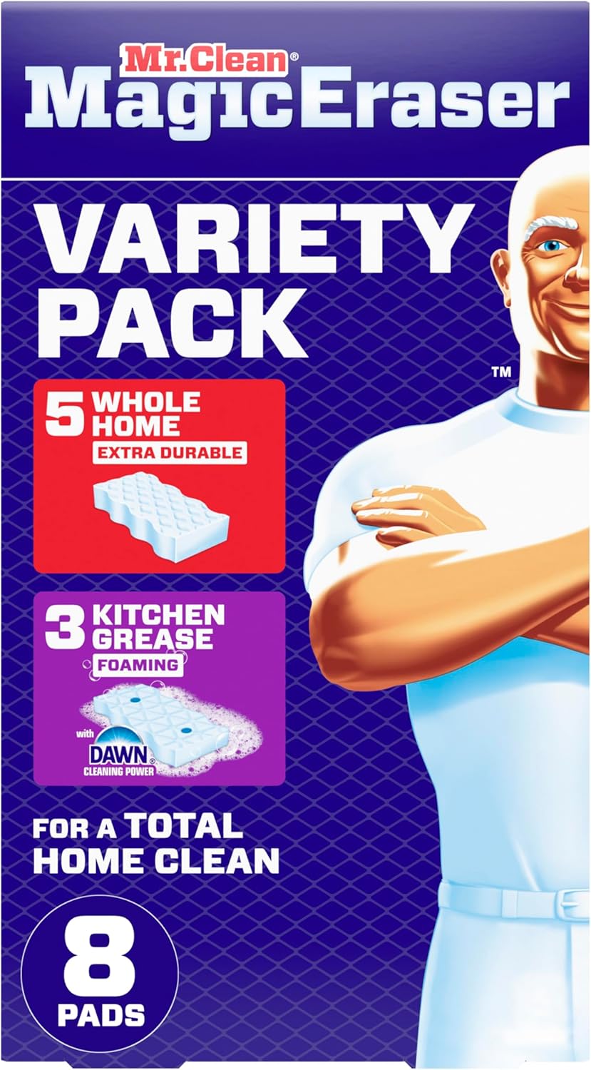 Mr-Clean-Magic-Eraser-Sponge-All-Purpose-Cleaner-Cleaning-Scrubber.jpg Mr. Clean Magic Eraser Sponge, All Purpose Cleaner, Cleaning Scrubber, Wall, Kitchen, Bathroom, Shower Cleaner, Melamine Sponge, Cleaning Pads, Variety Pack, 5 Extra Durable, & 3 Grease Magic Erasers - Image 1