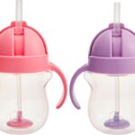 Munchkin Any Angle Sippy Cups for Toddlers, Spill Proof Weighted Straw Cup with Transition Handles for Babies 6 Months and Up, 7 Ounce, 2 Pack, Pink/Purple