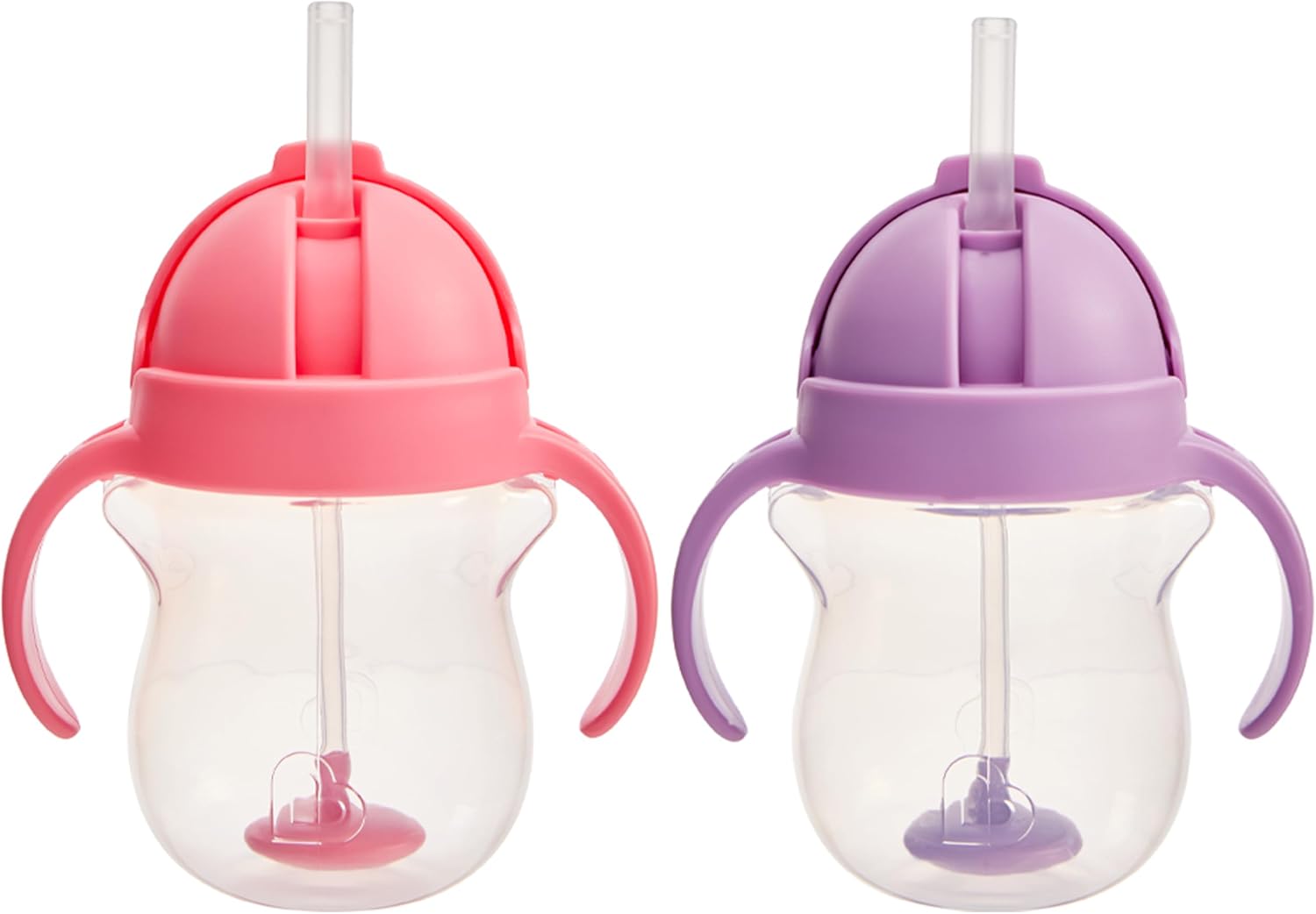 Munchkin-Any-Angle-Sippy-Cups-for-Toddlers-Spill-Proof-Weighted.jpg Munchkin Any Angle Sippy Cups for Toddlers, Spill Proof Weighted Straw Cup with Transition Handles for Babies 6 Months and Up, 7 Ounce, 2 Pack, Pink/Purple - Image 1