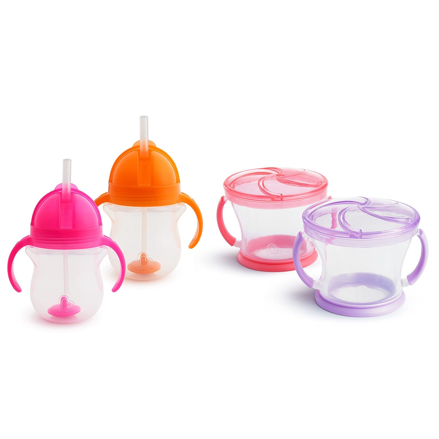 Munchkin-Happy-Snacker-Toddler-Cups-and-Snack-Containers-7oz.jpg Munchkin Happy Snacker Toddler Cups and Snack Containers - 7oz Any Angle Weighted Straw Trainer Cup and 9oz Snack Catchers, Purple/Pink - Image 1