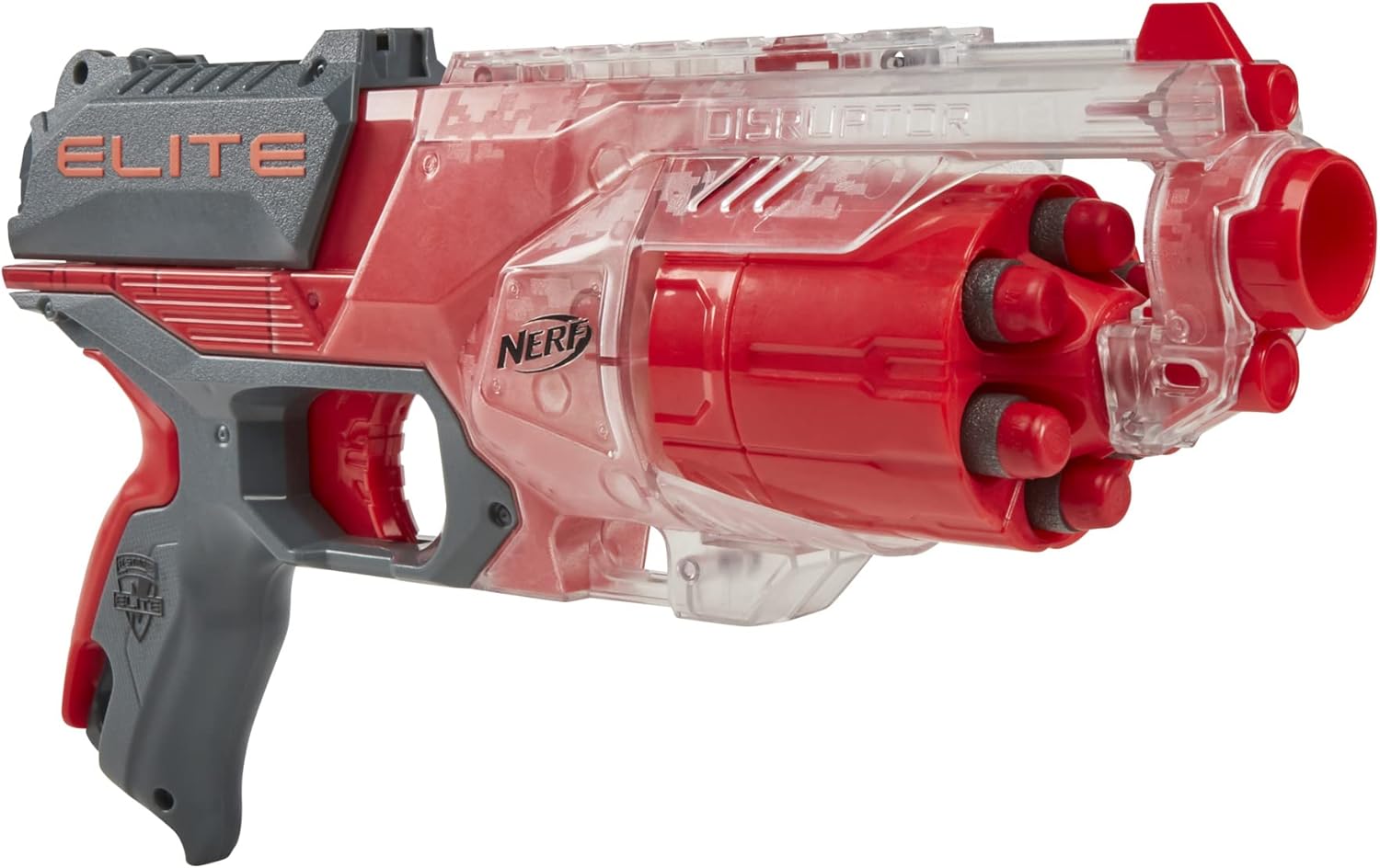 NERF-Elite-Disrupter-Blaster-6-Dart-Rotating-Drum-Slam-Fire.jpg NERF Elite Disrupter Blaster - 6-Dart Rotating Drum, Slam Fire, Translucent Red (Amazon Exclusive) - Image 1