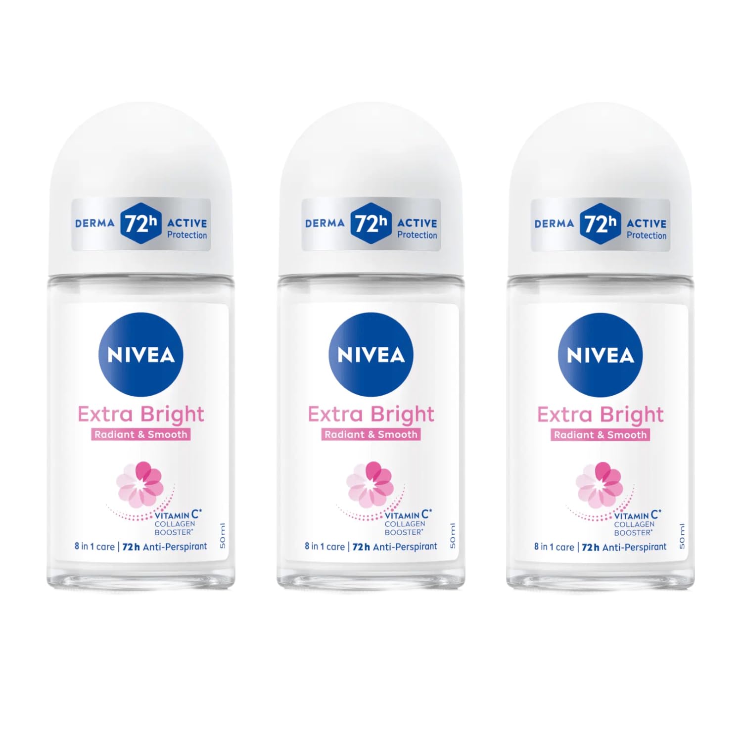 NIVEA-Extra-Bright-8-Super-Food-Vitamin-C-Collagen-Booster.jpg NIVEA Extra Bright 8 Super Food Vitamin C Collagen Booster Underarm Roll-On Deodorant, Alcohol-Free, 72HR Odor Protection, Smooth & Bright Skin, 50ml, 1.69oz, Pack of 3 - Image 1