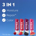 NIVEA Lip Care, Fruity Tinted Lip Balm Variety Pack, Cherry, Strawberry, Blackberry and Watermelon Flavors, 3-in-1 Moisture, Repair and Color, 0.17 Oz Stick, Pack of 4 - Image 2