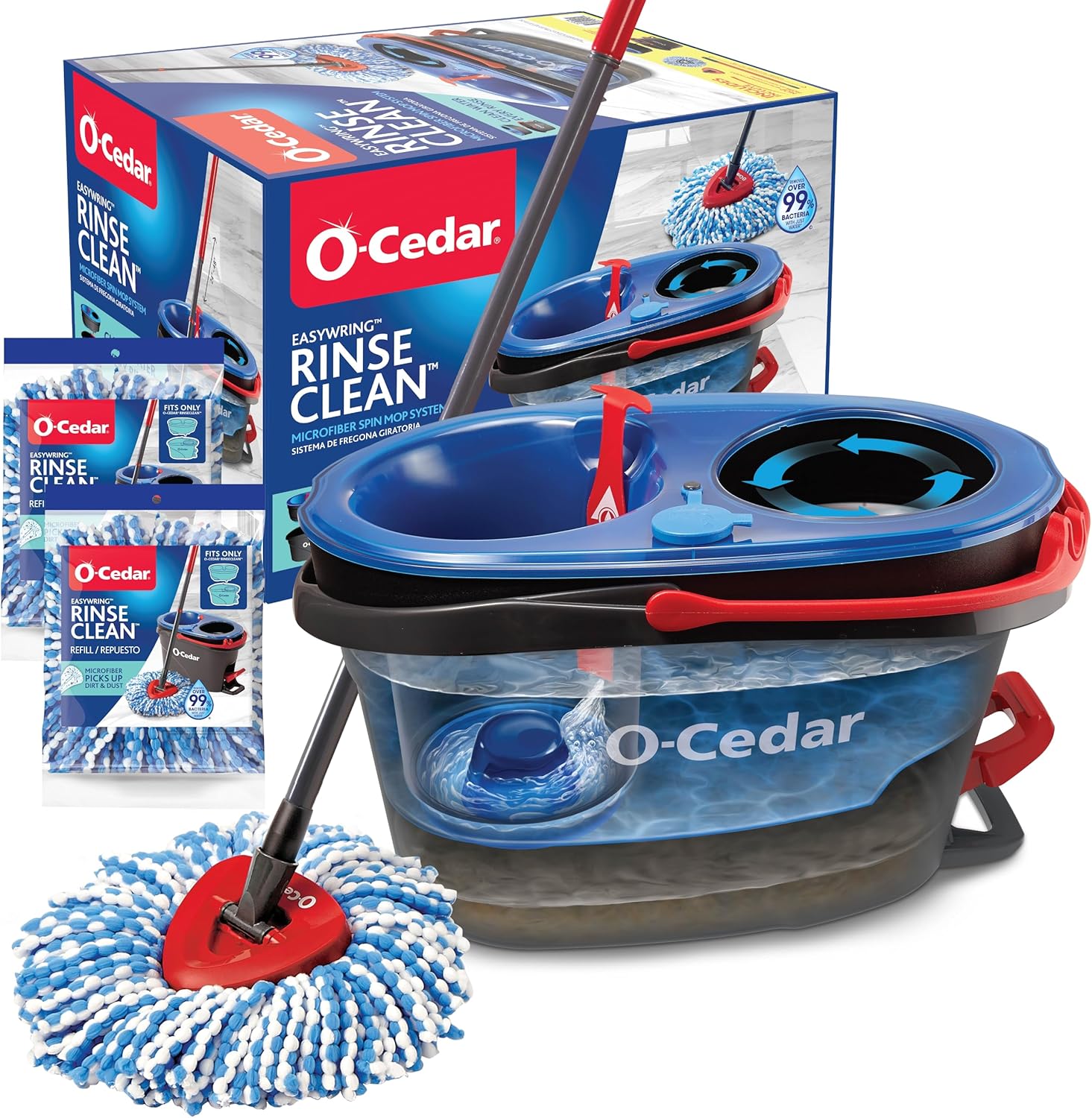 O-Cedar-RinseClean-Spin-Mop-Bucket-System-2-Extra.jpg O-Cedar RinseClean Spin Mop & Bucket System + 2 Extra Mop Heads | Clean with Water | Removes 99% of Bacteria - Image 1