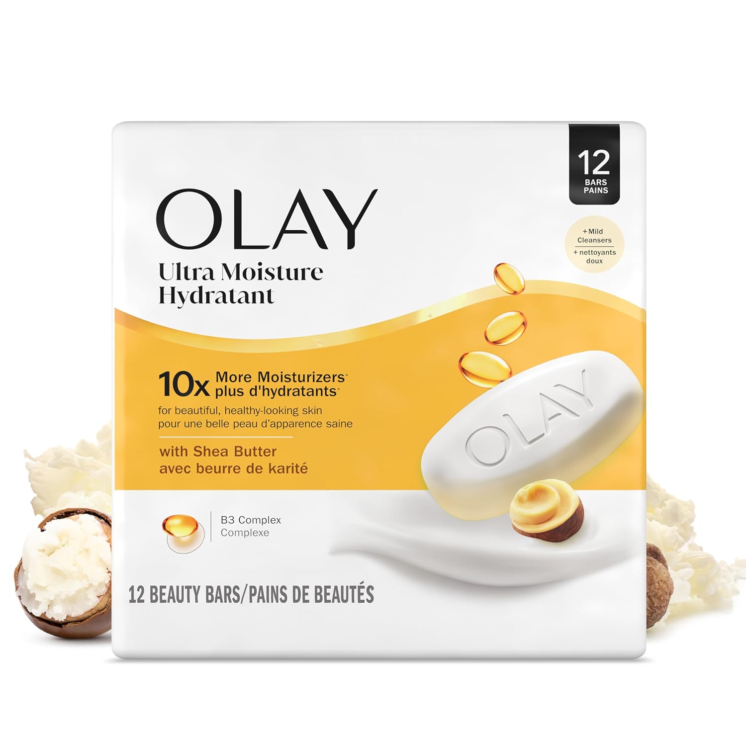 Olay-Beauty-Bar-Ultra-Moisture10x-More-Moisturizers-Nourishing-Conditioners-Smooth.jpg Olay Beauty Bar, Ultra Moisture,10x More Moisturizers, Nourishing Conditioners, Smooth & Gentle on Skin, Vitamin B3 Complex, For All Skin Types, Shea Butter Scent, 3.17 oz, (Pack of 12) - Image 1