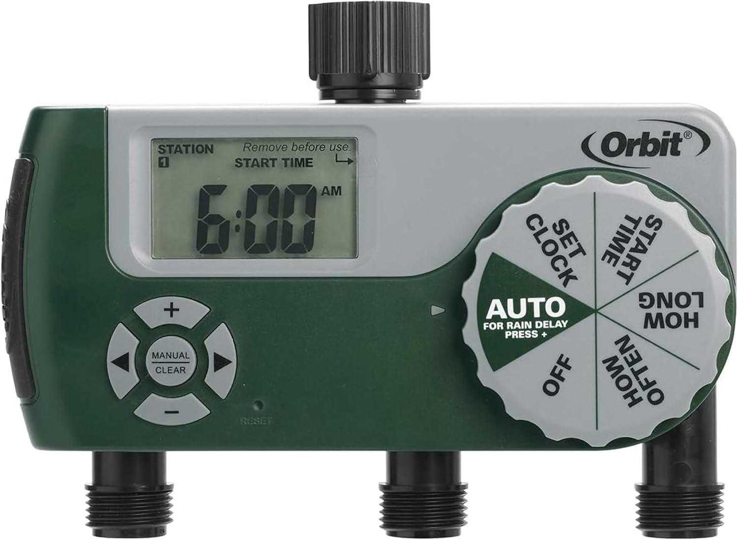 Orbit-Programmable-Digital-Hose-Watering-Timer-3-Outlet.jpg Orbit Programmable Digital Hose Watering Timer - 3 Outlet - Battery Powered - with LCD Screen - Built-in Rain Delay - Water-Resistant - 56082 - Image 1