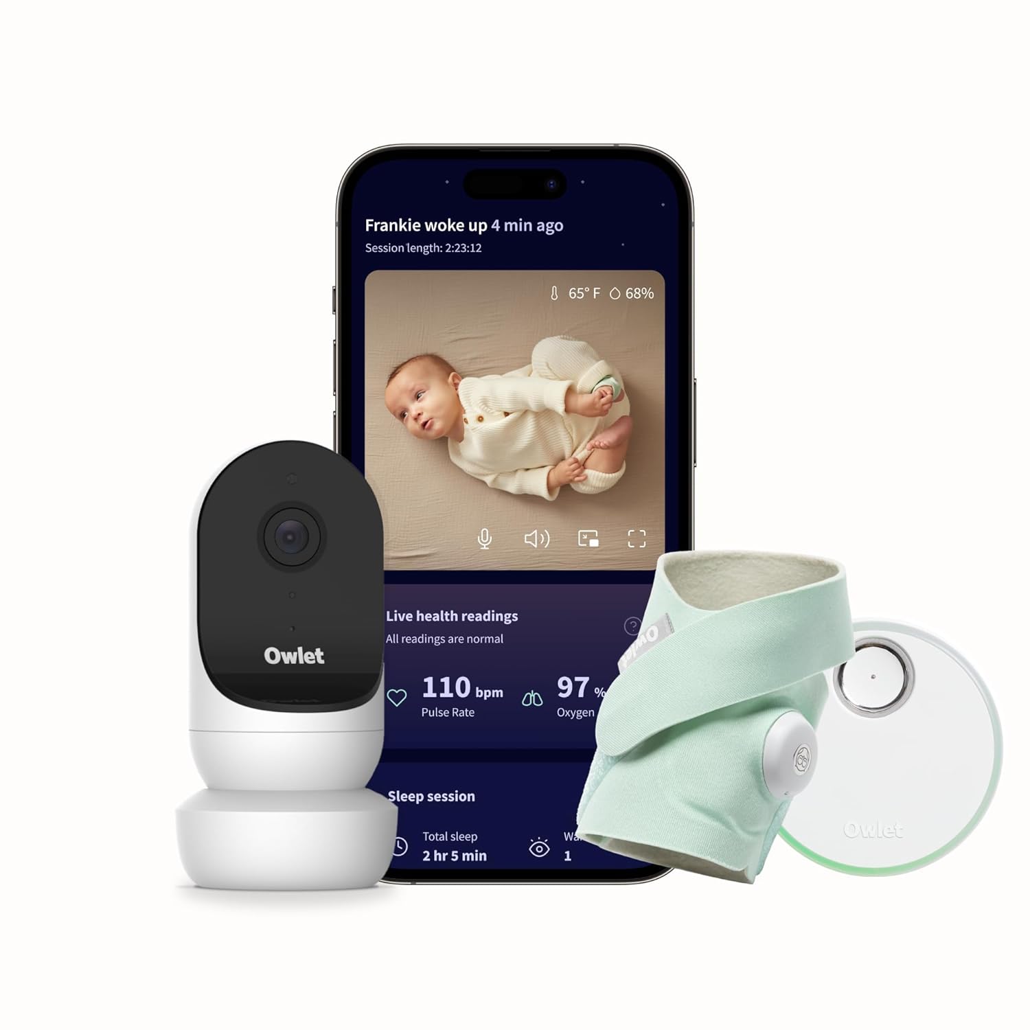 Owlet-Dream-Duo-Gen-2-Smart-Baby-Monitor-Bundle-–.jpg Owlet Dream Duo (Gen 2) Smart Baby Monitor Bundle – HD Video Camera + Wearable Sock Tracks Baby’s Oxygen, Heart Rate & Sleep - Image 1