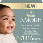 Pampers Amore, Size 3 (13-26 lbs), 116 Count, Our Best Diaper – Hypoallergenic & Fragrance Free, Up to 100% Leakproof, Soft as Cashmere