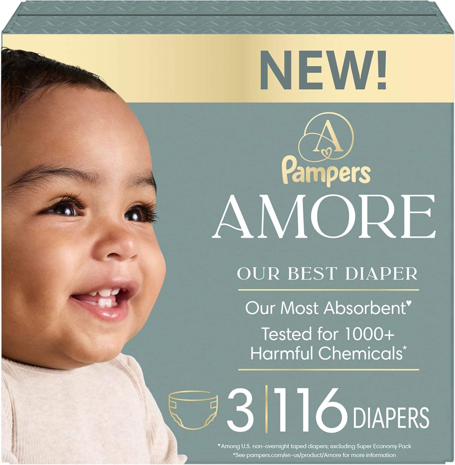 Pampers-Amore-Size-3-13-26-lbs-116-Count-Our-Best.jpg Pampers Amore, Size 3 (13-26 lbs), 116 Count, Our Best Diaper – Hypoallergenic & Fragrance Free, Up to 100% Leakproof, Soft as Cashmere - Image 1