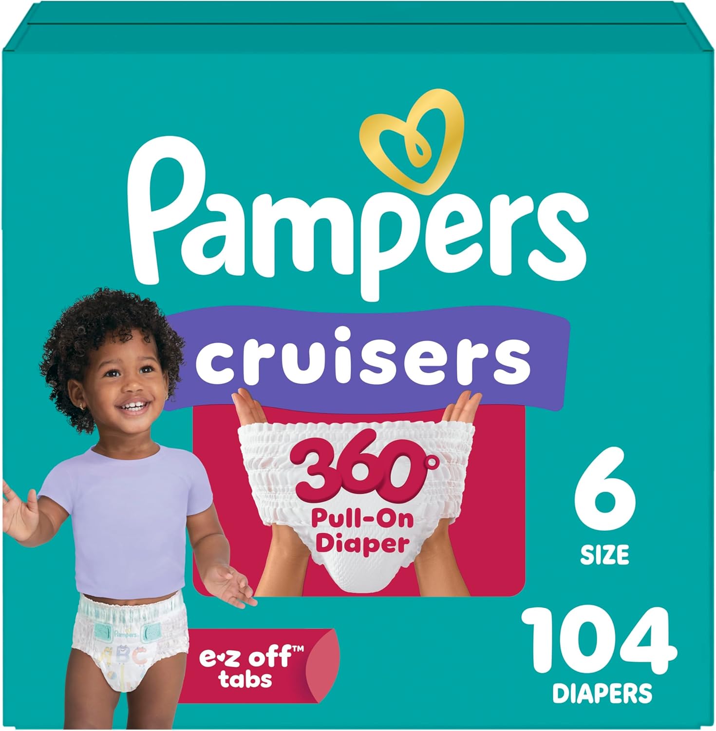 Pampers-Diapers-Cruisers-360-Size-6-104-Count.jpg Pampers Diapers - Cruisers 360 - Size 6, 104 Count, Babyproof up to 100% Leakproof Pull-On Diaper - Image 1