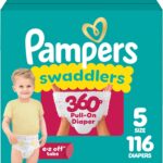 Pampers Diapers - Swaddlers 360° - Size 5, 116 Count, up to 100% Leakproof Comfy Dry Fit, Designed for Easy Changes, Pull On Baby Diaper (Packaging May Vary)
