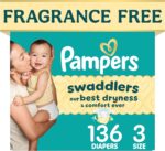 Pampers Swaddlers Diapers, Size 3 (13-26 lbs), 136 Count, Fragrance Free, Hypoallergenic, Absorbent, Pediatrician Recommended, Skin Safe