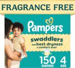 Pampers Swaddlers Diapers, Size 4 (15-34 lbs), 150 Count, Fragrance Free, Hypoallergenic, Absorbent, Pediatrician Recommended, Skin Safe