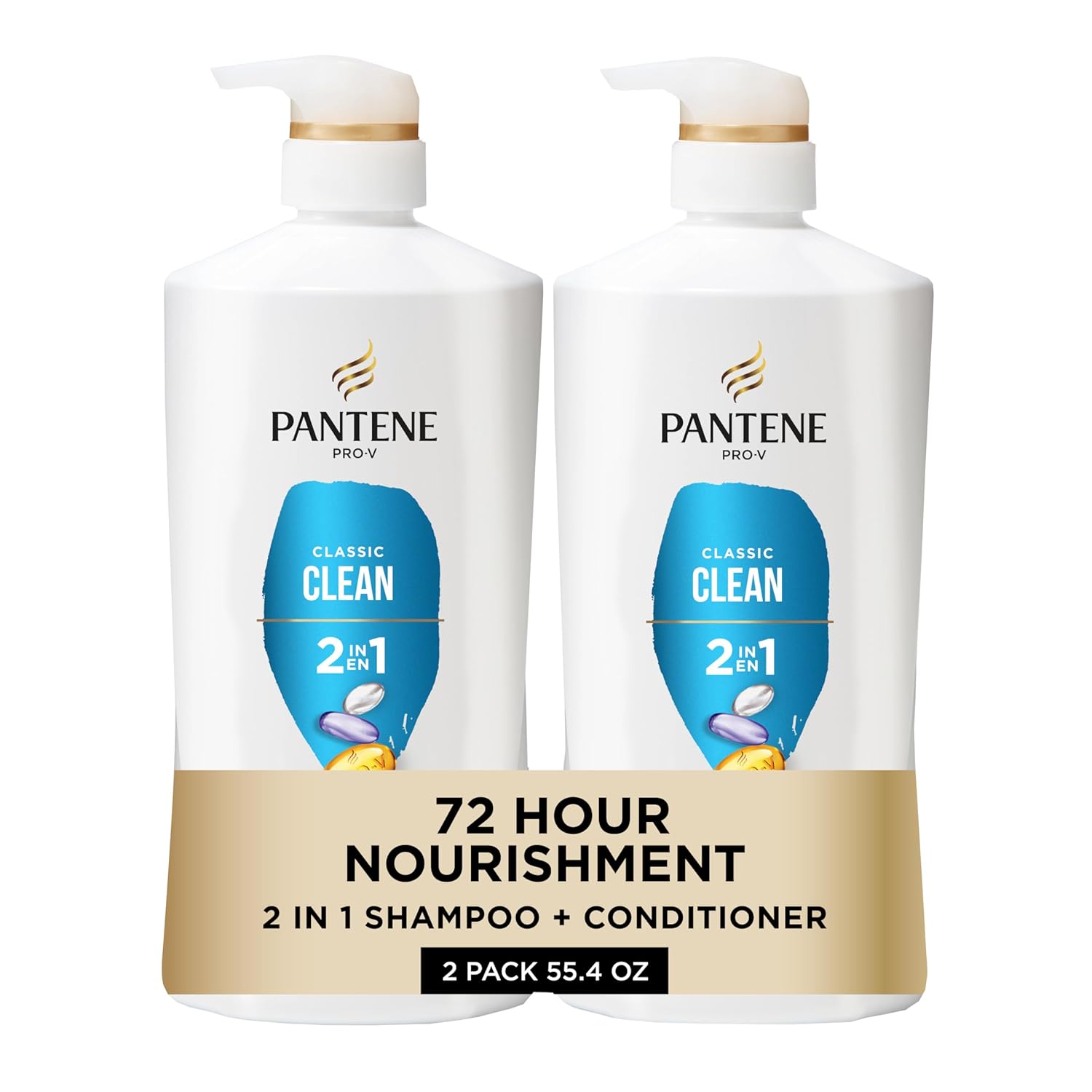 Pantene-2-in-1-Shampoo-Conditioner-Classic-Clean-Pro-V-Nutrients.jpg Pantene 2-in-1 Shampoo & Conditioner, Classic Clean - Pro-V Nutrients for Dry, Color-Treated Hair, Healthy Looking Hair Every Wash, Antioxidant-Rich, 27.7 Oz Each, 2-Pack + Rescue Shot (0.5 Oz) - Image 1