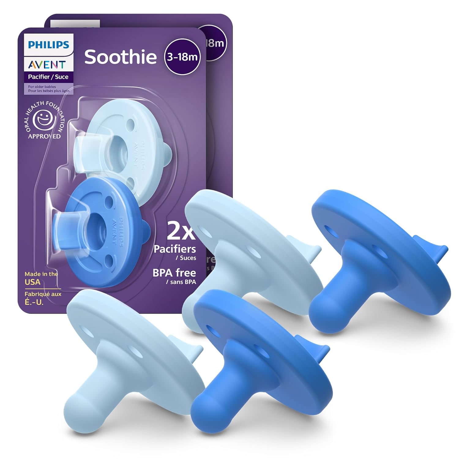 Philips-Avent-Soothie-Baby-Pacifiers-100-Silicone-Pacifiers-for.jpg Philips Avent Soothie Baby Pacifiers - 100% Silicone Pacifiers for Babies 3-18 Months, One-piece Design, BPA-Free, Extra Durable, Sky Blue and Light Blue, 4 Pack, Model SCF192/71 - Image 1