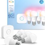 Philips Hue Essential Starter Kit: Bridge + 4 Essential E26 Smart Bulbs,White & Color Ambiance,2200K-6500K,Dimmable,Compatible with Alexa,Google,Samsung SmartThings,Apple Home