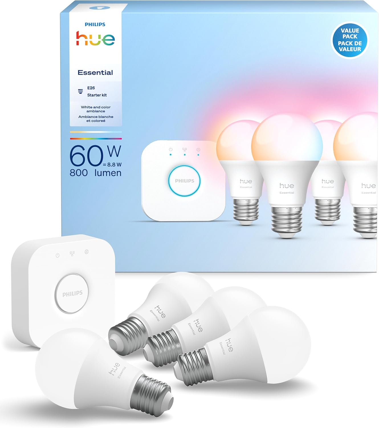 Philips-Hue-Essential-Starter-Kit-Bridge-4-Essential-E26.jpg Philips Hue Essential Starter Kit: Bridge + 4 Essential E26 Smart Bulbs,White & Color Ambiance,2200K-6500K,Dimmable,Compatible with Alexa,Google,Samsung SmartThings,Apple Home - Image 1