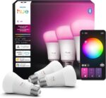 Philips Hue Smart LED A19 Bulb, 3 Pack, White & Color Ambiance, E26 Base, 7.2W, Full Spectrum Light 1000K-20000K, 810 Lumens, Dimmable LED Bulbs, Works with Alexa, Google & Apple Home