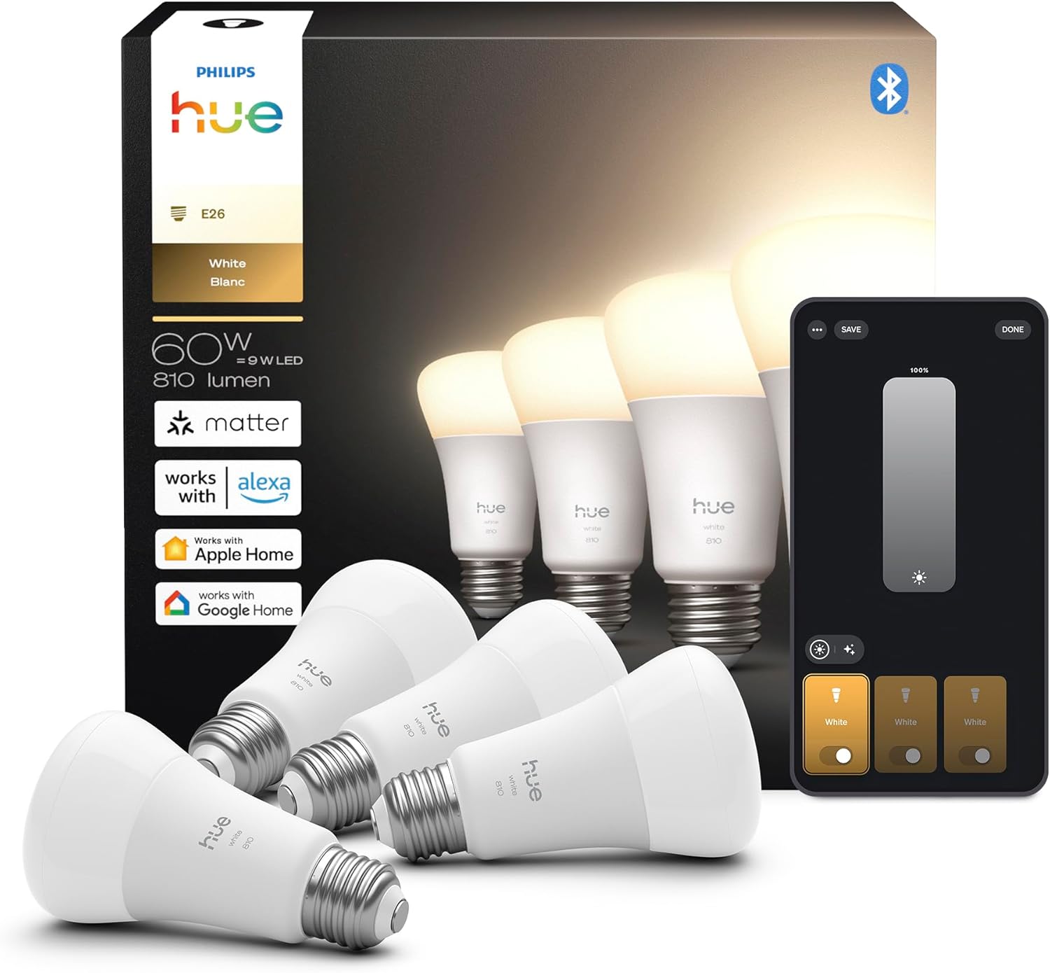 Philips-Hue-Smart-LED-A19-Bulb-4-Pack-Warm-White-Light.jpg Philips Hue Smart LED A19 Bulb 4-Pack, Warm White Light 2700K, E26 Base, 9W, 810 Lumens, Dimmable LED Bulbs, Works with Alexa, Google Assistant, and Apple Home - Image 1