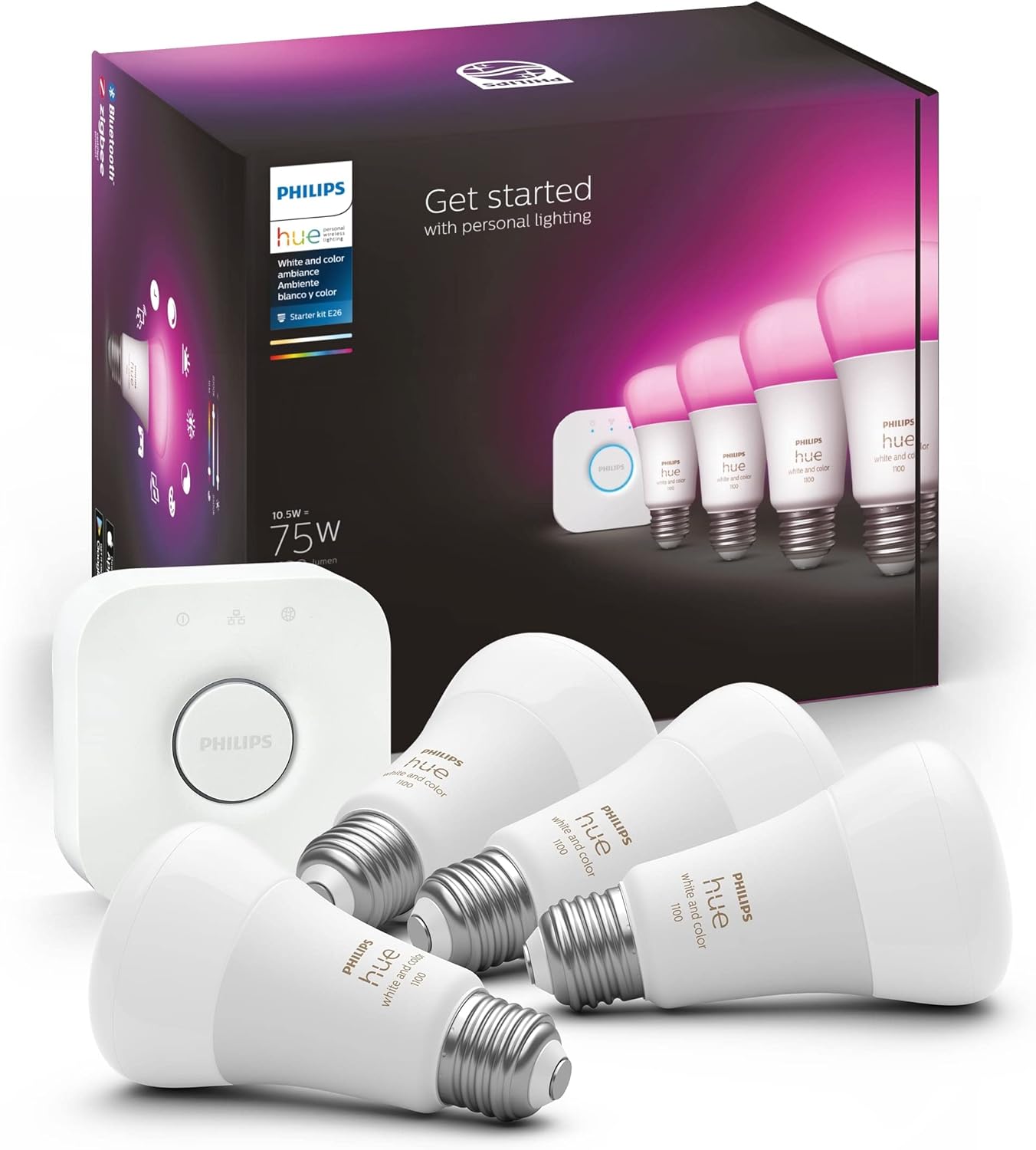 Philips-Hue-Smart-Light-Starter-Kit-Includes-1-Bridge.jpg Philips Hue Smart Light Starter Kit - Includes (1) Bridge and (4) 75W A19 E26 LED Smart White and Color Ambiance Bulbs - Control with App - Compatible with Alexa, Google Assistant, and Apple HomeKit - Image 1