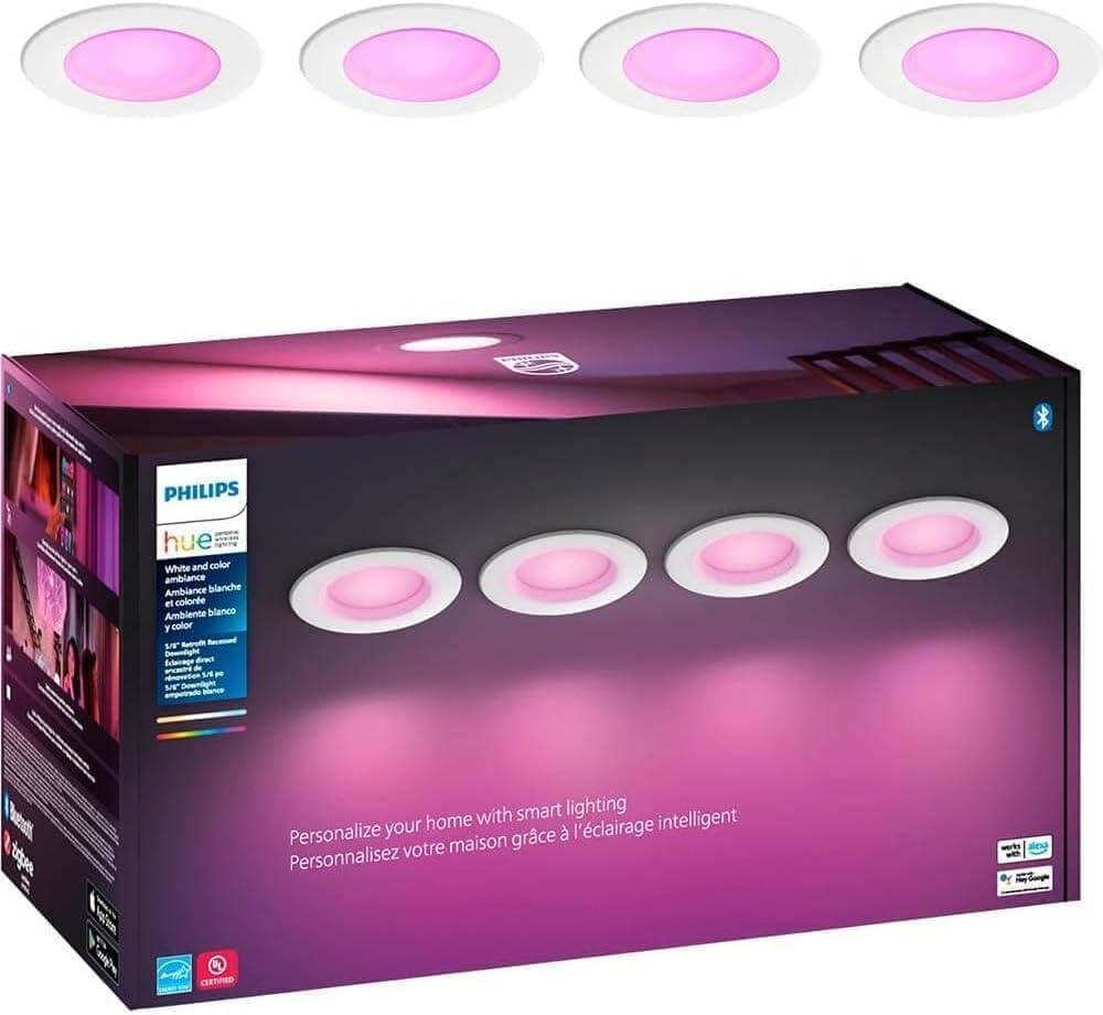Philips-Hue-Smart-Retrofit-Recessed-56-Inch-LED-Downlight-4.jpg Philips Hue Smart Retrofit Recessed 5/6 Inch LED Downlight 4 Pack, White and Color Ambiance Color-Changing Light, 1100LM, Control with Hue App, Works with Alexa, Google Assistant and Apple HomeKit - Image 1