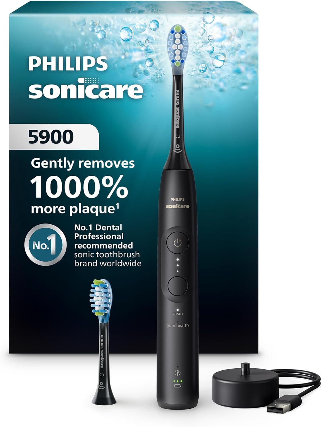 Philips-Sonicare-5900-Series-Electric-Toothbrush-Pressure-Sensor-6-Brushing.jpg Philips Sonicare 5900 Series Electric Toothbrush, Pressure Sensor, 6 Brushing Settings, SmarTimer, BrushPacer, 21-Day Runtime, Gentle Professional-Clean Feel, for Sensitive Gums, Black, HX7131/02 - Image 1