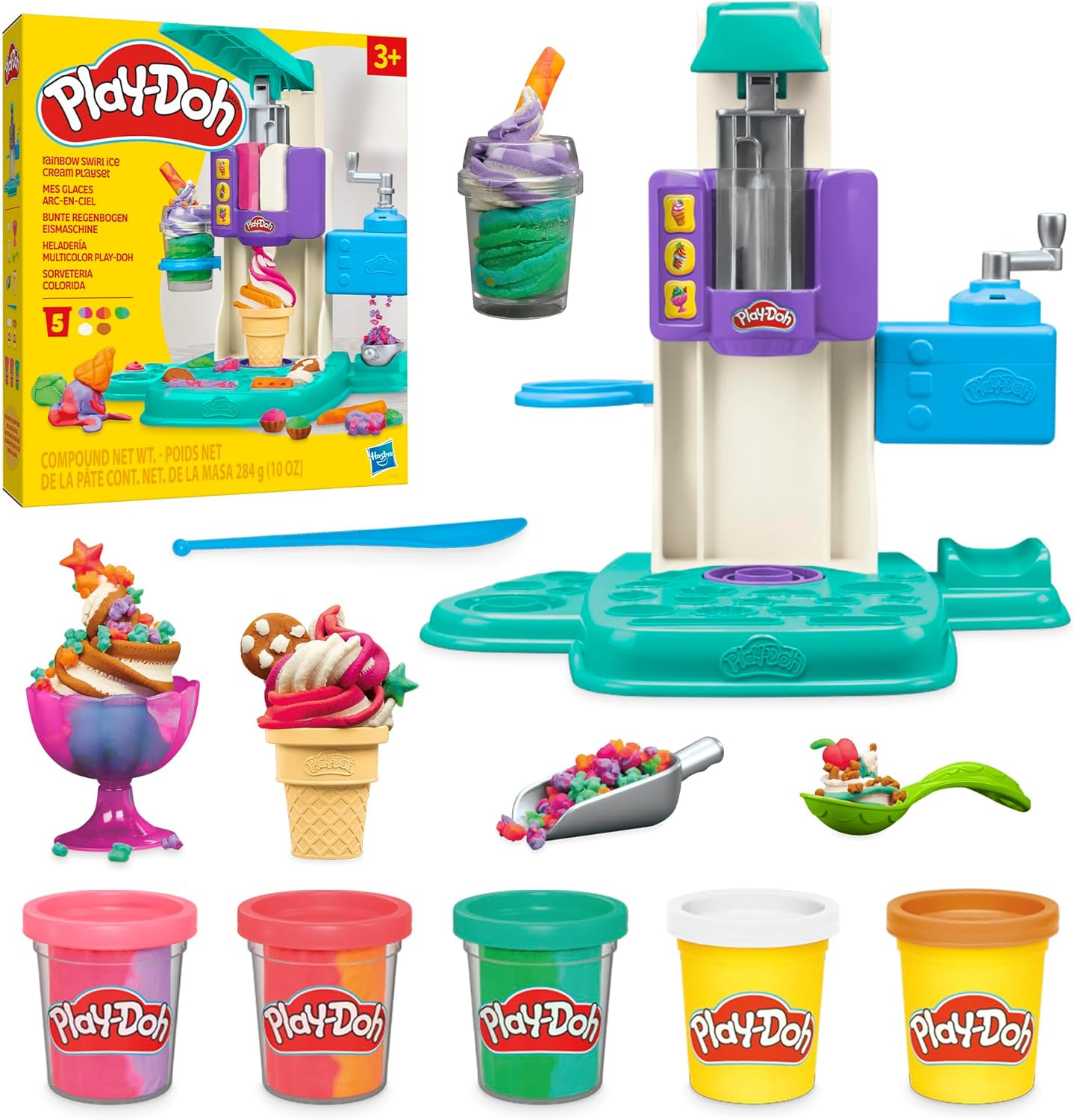 Play-Doh-Rainbow-Swirl-Ice-Cream-Playset-with-7-Pretend-Play.jpg Play-Doh Rainbow Swirl Ice Cream Playset with 7 Pretend Play Kitchen Accessories, Arts and Crafts Toys for 3 Year Old Girls and Boys and Up - Image 1