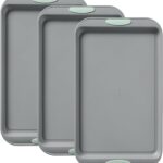Pyrex 3-Piece Metal Cookie Sheet Bakeware Set, Lightweight Stainless Steel Baking Trays with Heatsafe Silicone Handles, Cookie Sheet Baking Pan, Sage