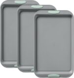 Pyrex 3-Piece Metal Cookie Sheet Bakeware Set, Lightweight Stainless Steel Baking Trays with Heatsafe Silicone Handles, Cookie Sheet Baking Pan, Sage